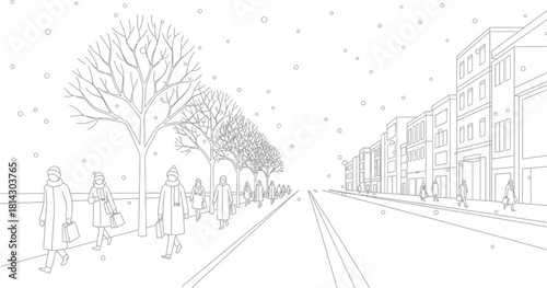 People walking on a snowy street with shops and trees in a winter scene