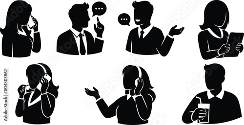 Business people communicating on phones and devices in professional vector silhouette set