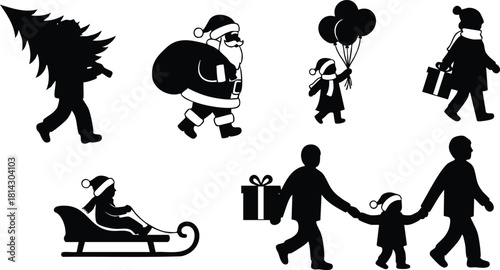 Christmas family silhouettes with Santa Claus carrying sack and child with balloons festive holiday vector illustration