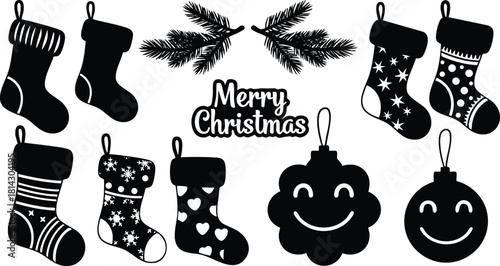 Christmas stocking and ornament vector set with merry christmas text and festive patterns in black silhouette style
