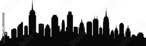 Modern black city skyline vector silhouette, urban skyline with skyscrapers and domes, metropolitan cityscape icon, skyline horizon for branding and web graphics