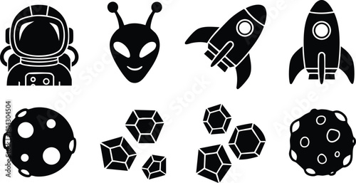 Space icons astronaut alien rocket moon meteor asteroid vector illustration set