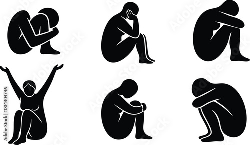 Sad and joyful human silhouettes expressing various emotions in simple black vector illustrations