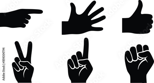 Hand gesture icons set including pointing, open palm, thumbs up, victory sign, index finger up, and fist silhouette vector illustration