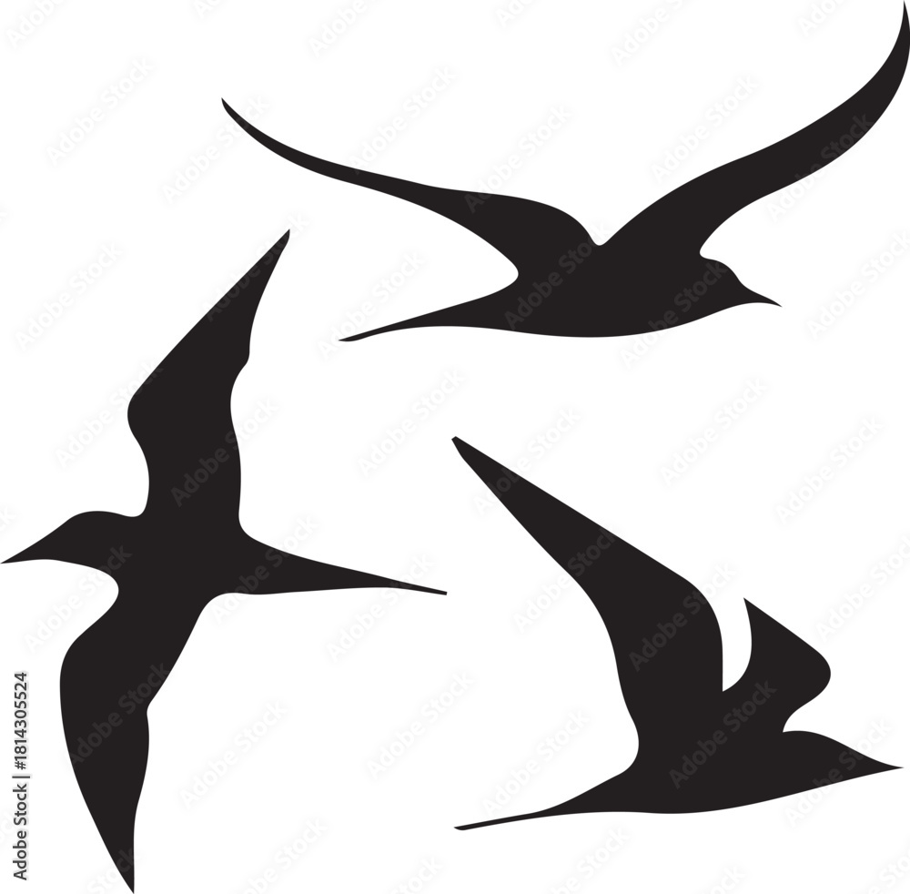 Obraz premium Vector silhouette illustration of black flying birds, fish, and shark for nature, ocean, and wildlife logo or icon design