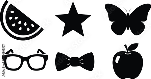 Simple black icons of watermelon star butterfly glasses bow apple vector illustration