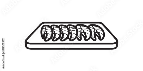 Board with fish sliced fillet line icon, japanese food concept. Vector graphics. Fillet slices and fish, seafood sign on white background, style icon mobile or web design