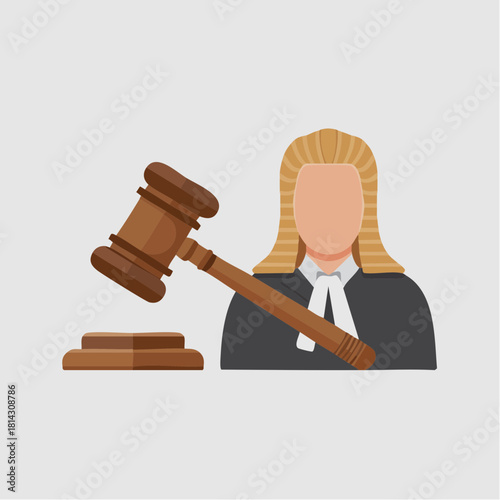 Illustration of a judge or barrister with a wig and robe, holding a gavel and sound block, representing law and justice.