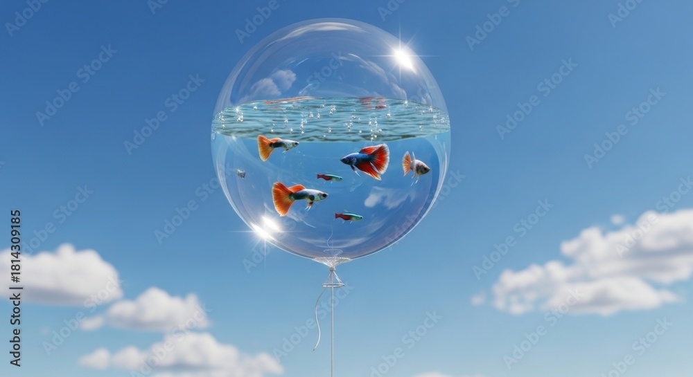 Obraz premium Underwater world in a balloon floating on the sky with guppies swimming inside the water against blue sky and clouds