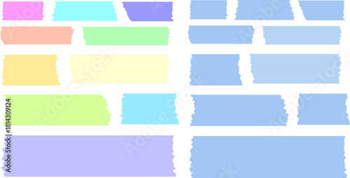 Set of blank colorful scotch tape strips with rough edges and transparent background for design projects. Cute vector masking tape collection, washi tape borders, sticky notes, and artistic scrapbook 