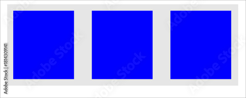 Three blank blue vertical square banners or presentation boxes for comparative infographics and data display. Modern step-by-step process template, proportional layout, or visual timeline with copy sp
