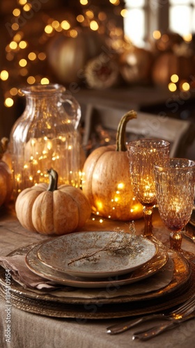 A Cozy Autumn Table Setting with Pumpkins, Glowing Lights, and Elegant Tableware for a Festive Harvest Celebration