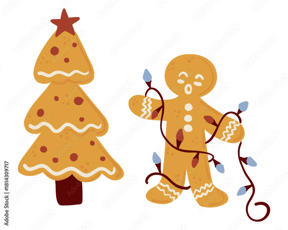 Fototapeta premium Gingerbread man tangled in christmas lights beside a decorated cookie tree. The concept highlights festive preparation, holiday fun, warmth and cheerful seasonal spirit