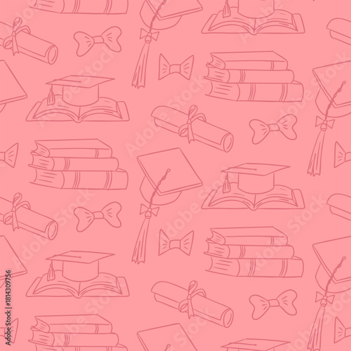 School pattern with books, diplomas, graduation caps and bows in a seamless layout. The concept reflects education, knowledge, achievement and academic celebration
