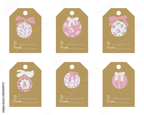 Christmas gift tags with decorative ornaments, bows and floral patterns in a clean layout. The concept expresses holiday gifting, festivity, sweetness and warm seasonal spirit
