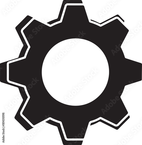 Gear Icon. Modern Black 3D Cogwheel, Settings, System, and Mechanical Process Vector Symbol on White Background.