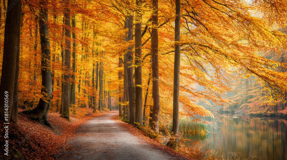 Fototapeta premium Autumn Forest Path by the River – AI Generative