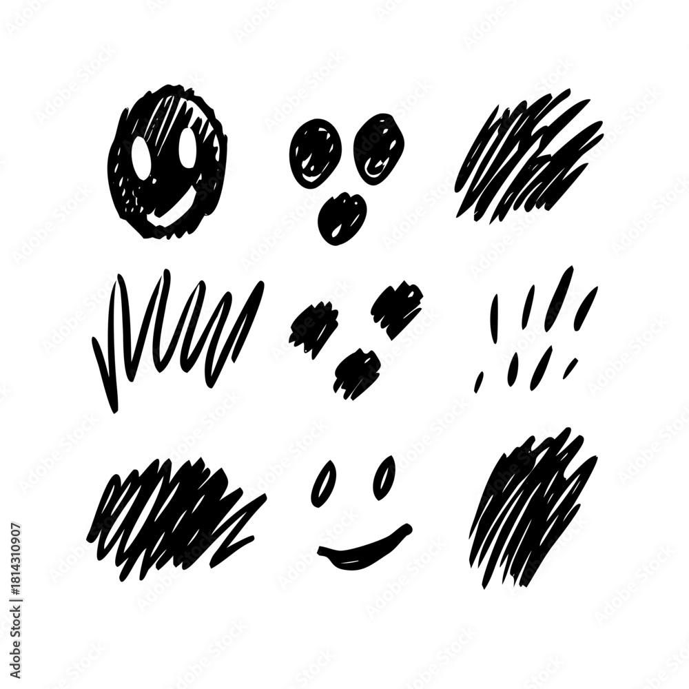 Fototapeta premium Set of nine black hand drawn doodle sketch elements isolated on