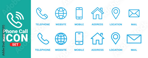 phone call icon set. collection of telephone website mobile address location mail contact symbols