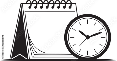 Minimalist Vector Illustration of Calendar Page and Clock – Black and White