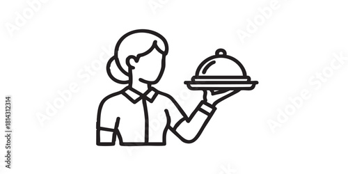 Waiter girl with dish line icon, cooking concept. Vector graphics. Woman and tray in her hand, food service sign on white background, style icon mobile or web design.