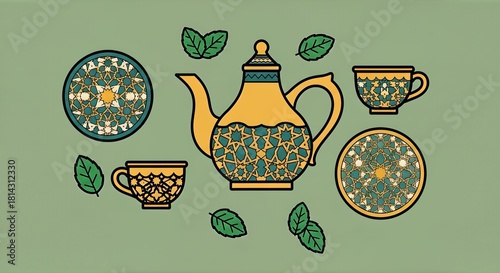 Moroccan tea set with geometric patterns and mint leaves on green. Flat vector.