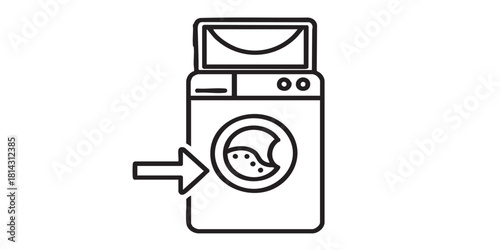 Washing machine with opened lid and arrow line icon, washing concept. Vector graphics. Machine for washing, unloading sign on white background, style icon mobile or web design.