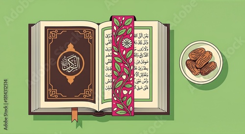 Flat illustration of an open Quran, a floral bookmark, and dates. Ideal for Ramadan, spiritual reading, and Islamic themes.