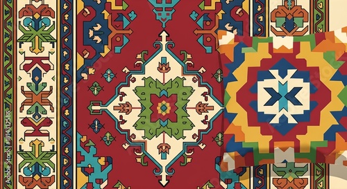 Detailed Oriental rug and geometric cushion showcasing vibrant folk patterns.
