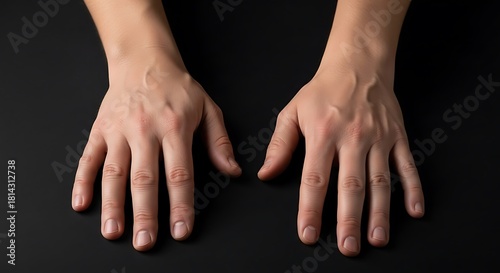 Two Caucasian hands with prominent veins are positioned flat against a dark background.
