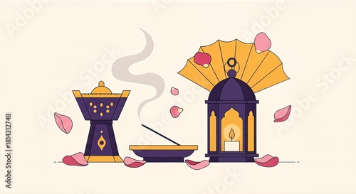 Flat illustration of an incense burner, lantern, and rose petals for relaxation.