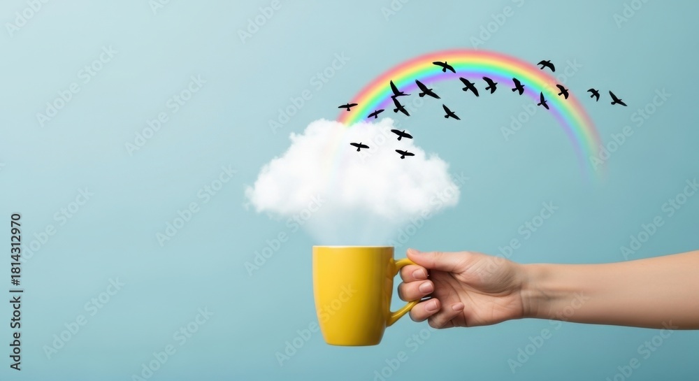 Fototapeta premium A vibrant yellow mug overflows with a fluffy white cloud from which a flock of birds flies towards a colorful rainbow against a tranquil blue background