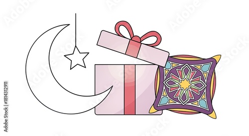 A festive illustration showing an open gift box with a decorative pillow, crescent moon, and star. Perfect for Islamic celebrations.
