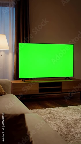 Evening Living Room with man watching television in young guy sitting on sofa against tv chroma green screen back view male person switching channels using remote controller distortion, overlay