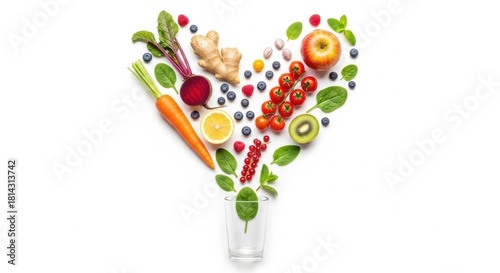 Heart-shaped display of fresh, wholesome fruits and vegetables, promoting balanced nutrition, healthy eating habits, and overall wellness