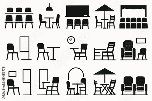 Chair Icons in Architectural Settings with Conference Room, Café, Classroom, Patio and Theater Contexts in Black Silhouettes on White Background