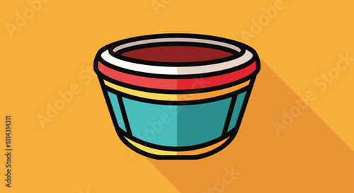 Stylized illustration of a colorful cup or pot with a dark red liquid, featuring a long shadow on an orange background