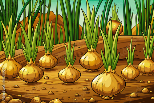 Golden onions with long green stems pushing upward from warm textured earth in open field