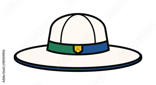 Classic white pith helmet with a green and blue band, a symbol of adventure