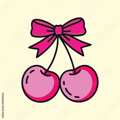 Cute pink cherry pair with a ribbon bow on a light yellow background