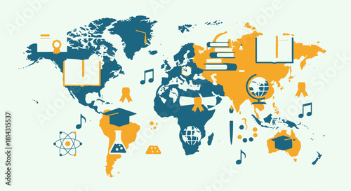 World map with educational icons, representing global learning and knowledge dissemination.