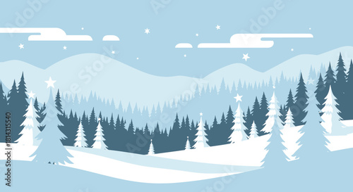 A serene winter landscape illustration with snow-covered mountains, pine forests, and falling snow.