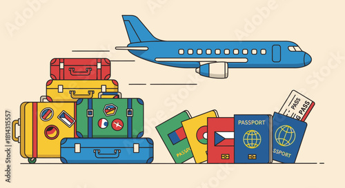 Illustration of an airplane flying over a stack of colorful luggage and passports, symbolizing international travel and vacation.