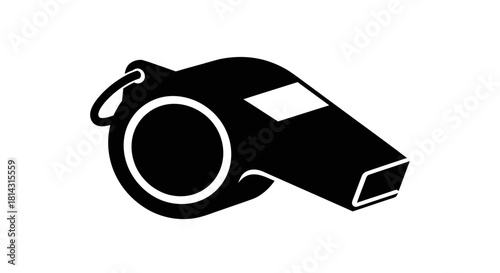 A black and white illustration of a sports whistle with a ring for a lanyard.