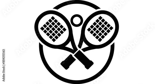 Black and white tennis logo featuring two crossed rackets and a ball inside a circle.