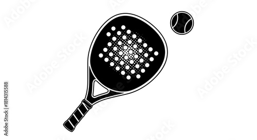 Black and white silhouette icon of a padel racket and ball isolated on a white background.