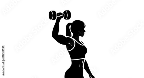 Silhouette of a woman lifting a dumbbell overhead, demonstrating a shoulder exercise.