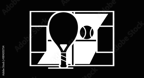 Tennis racket and ball graphic on a court background, white on black.