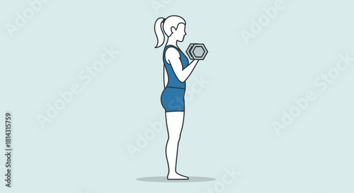 A woman with her hair in a ponytail, wearing a blue tank top and shorts, performs a bicep curl with a dumbbell.