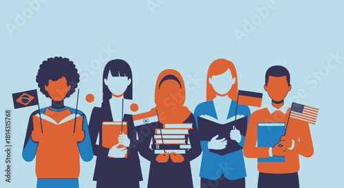 Diverse group of people holding books and flags, representing education and global unity.